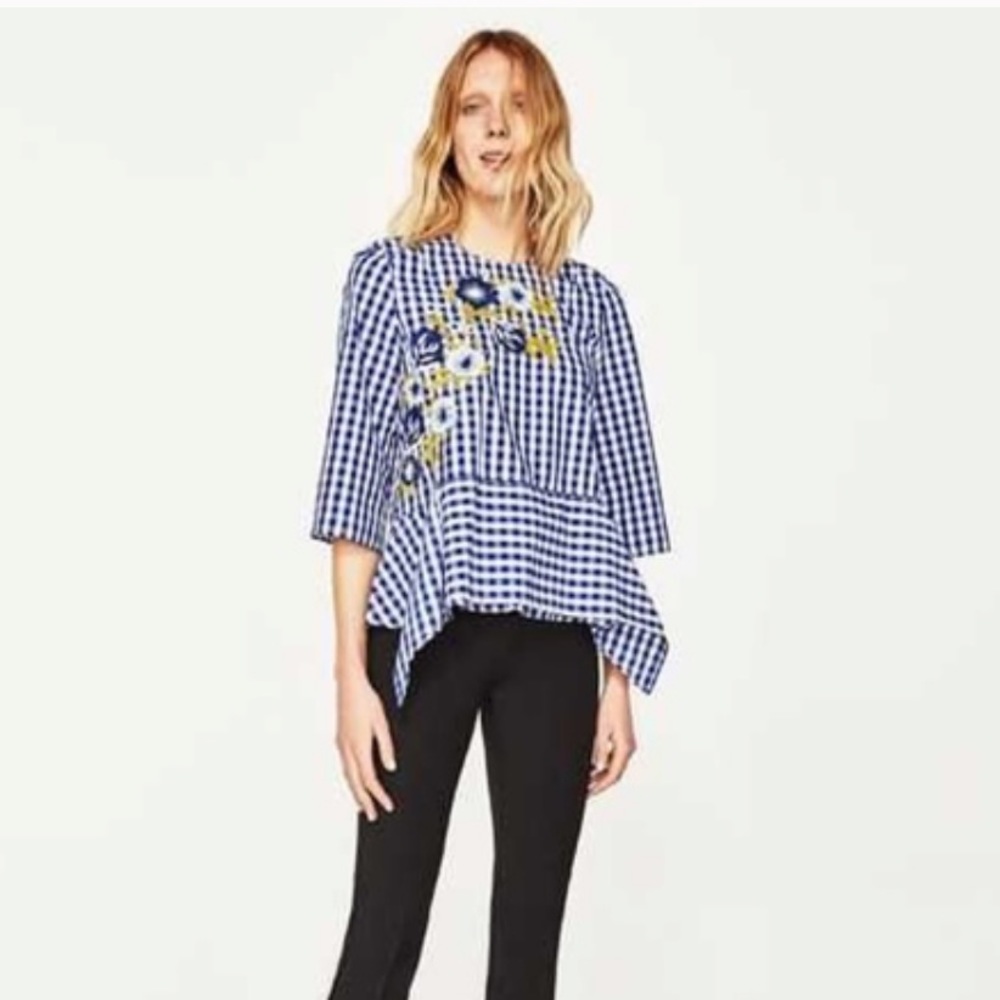 Zara Woman Blue Gingham Floral Embroidered Top